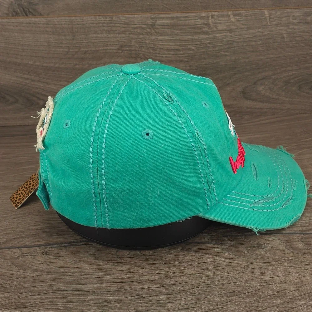 Happy Camper Hat Cap Womens Strap Back Green Distressed RV Camping Hike Gorpcore